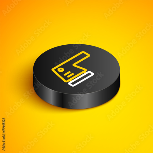 Isometric line Electric sander icon isolated on yellow background. Orbital sander. For floor and wooden planks sanding sandpaper. Black circle button. Vector