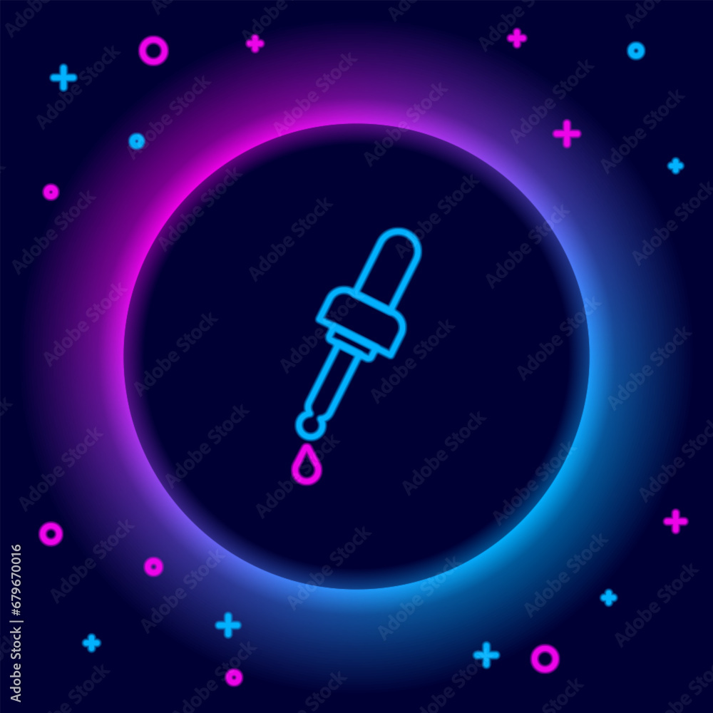 Glowing neon line Pipette with oil icon isolated on black background. Organic aromatherapy essence. Skin care serum glass drop package. Colorful outline concept. Vector Glowing neon line Pipette with oil icon isolated on black background. Organic aromatherapy essence. Skin care serum glass drop package. Colorful outline concept. Vector