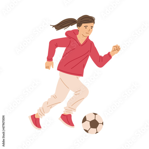 Girl playing soccer, kicking the ball, vector cartoon teenager soccer player playing football, children healthy sport © sabelskaya