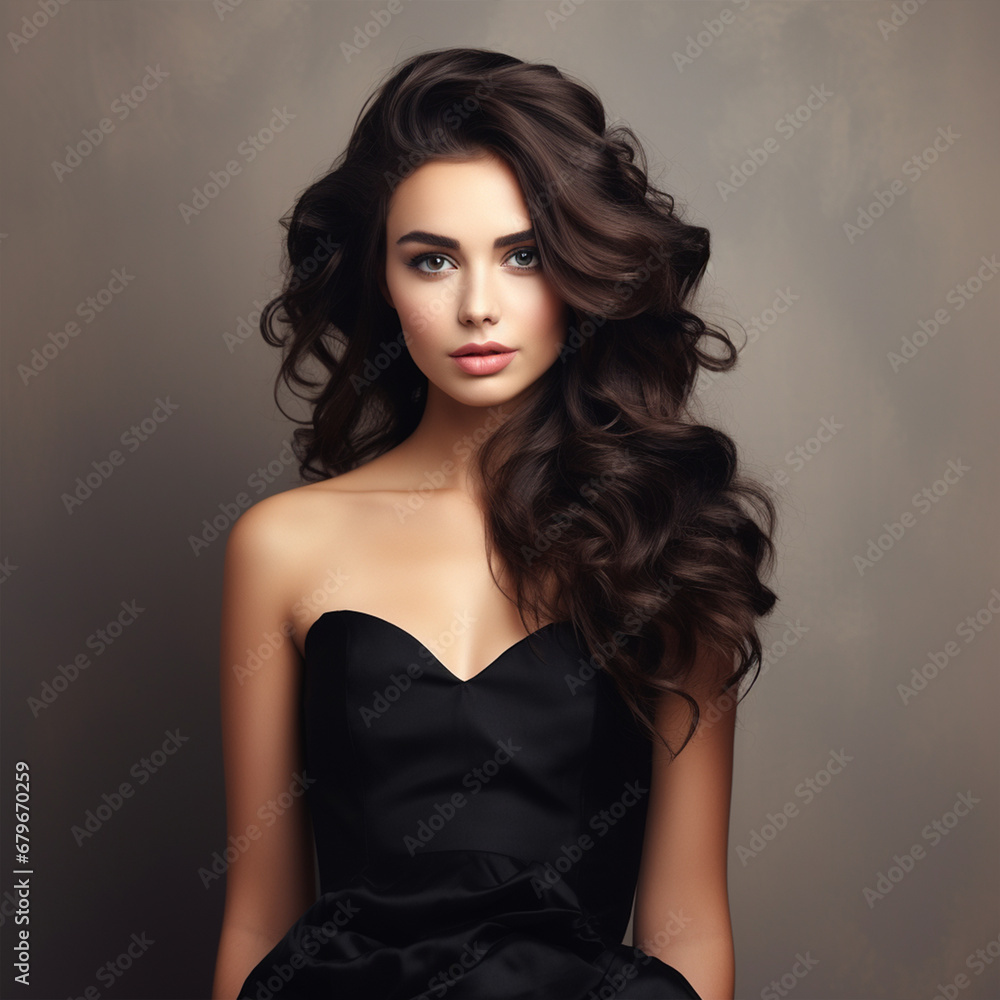 Amazing luxury seductive woman in stylish black party dress posing on white wall. Bright smokey eyes make up, healthy wavy hairs. Fashion portrait, ai technology Amazing luxury seductive woman in stylish black party dress posing on white wall. Bright smokey eyes make up, healthy wavy hairs. Fashion portrait, ai technology