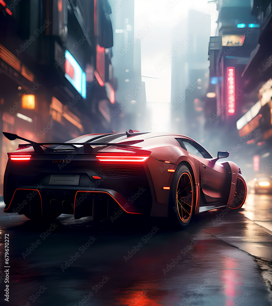Black sport car on the road in a foggy city. 3d rendering