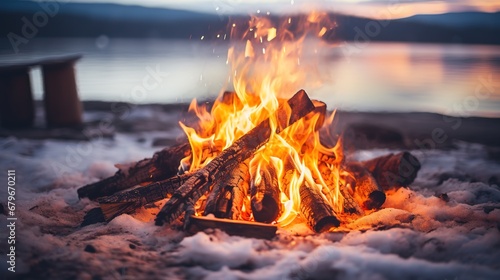 Generative AI, Burning bonfire, beautiful winter landscape, camping outdoor concept in neutral muted colors, tourist camp 