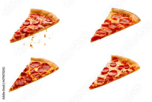 delicious tasty slice of pepperoni pizza flying on white background