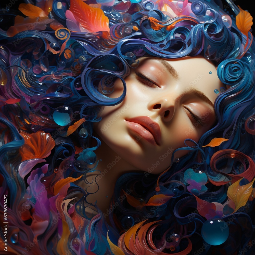 Woman's face covered shiny rainbow bubbles painting wallpaper image AI generated art