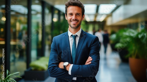 Portrait of young businessman standing in modern office.