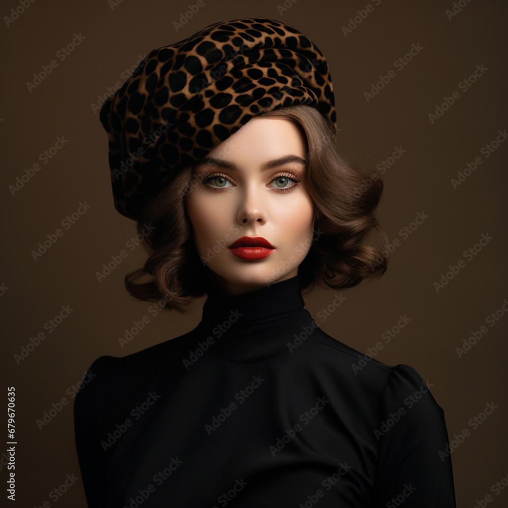 Beautiful young lady in a black turtleneck. Refined taste. Elegance. Leopard print beret, ai technology