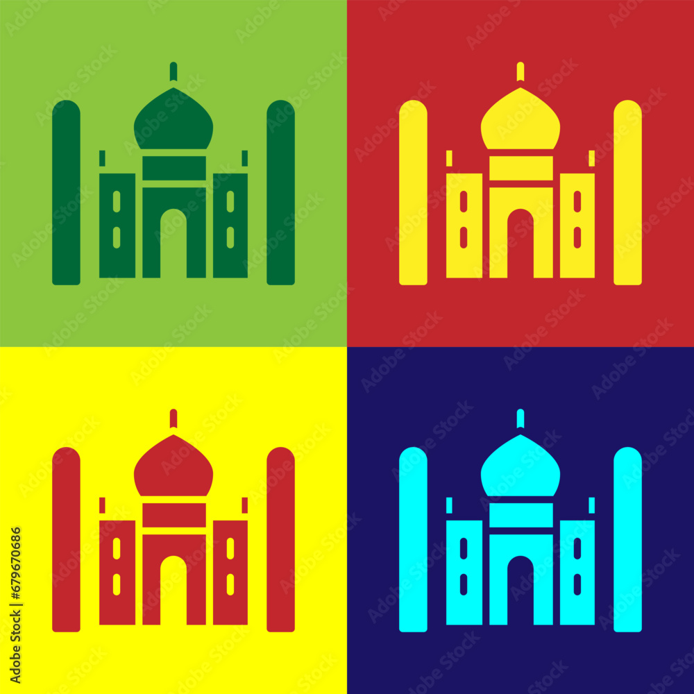 Pop art Taj Mahal mausoleum in Agra, Indiaicon isolated on color background. Vector