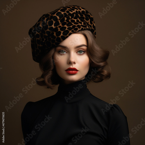 Beautiful young lady in a black turtleneck. Refined taste. Elegance. Leopard print beret, ai technology