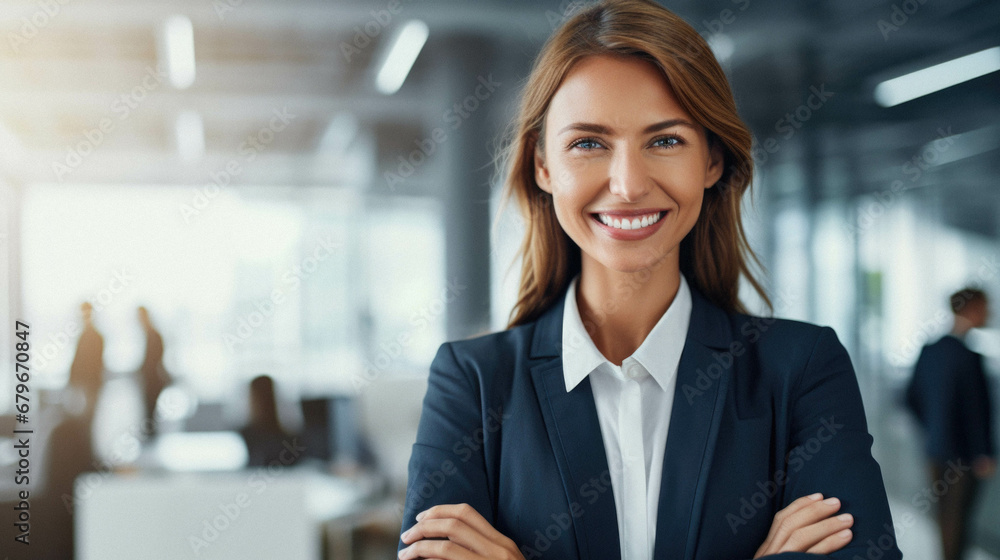 Portrait of happy business woman in suit smiling at camera in office. Portrait of happy business woman in suit smiling at camera in office.
