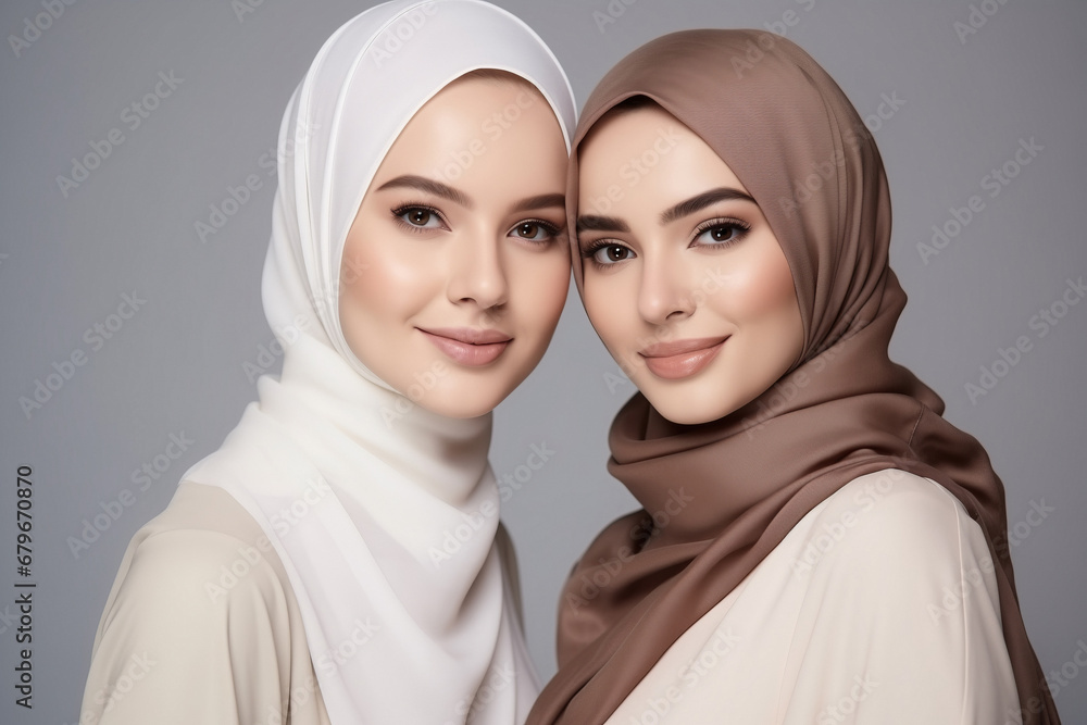 Muslim Portrait of beautiful womans in headscarf in studio Muslim Portrait of beautiful womans in headscarf in studio