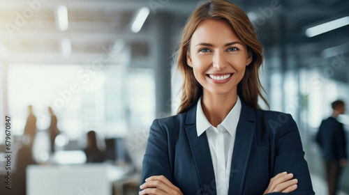 Portrait of happy business woman in suit smiling at camera in office.