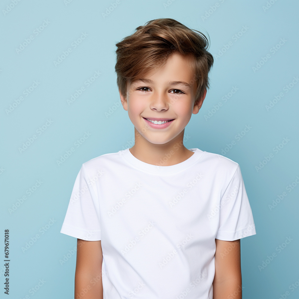 Cute smiling boy in plain white t shirt looking at camera in isolated studio light blue color background, ai technology Cute smiling boy in plain white t shirt looking at camera in isolated studio light blue color background, ai technology