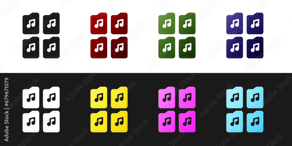 Set Music file document icon isolated on black and white background. Waveform audio file format for digital audio riff files. Vector Set Music file document icon isolated on black and white background. Waveform audio file format for digital audio riff files. Vector