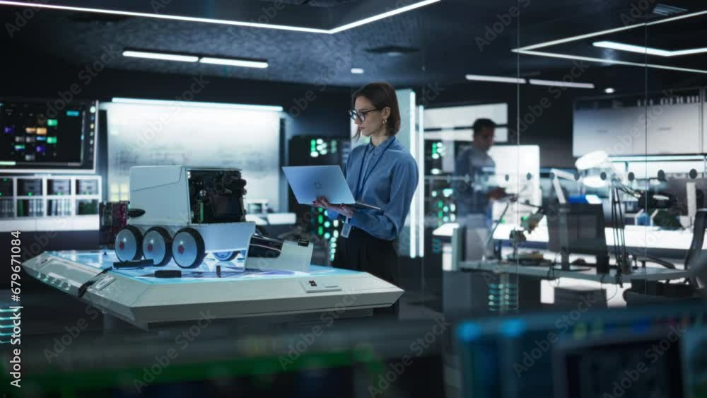 Portrait of a Female Technical Specialist Working in High Tech Research Laboratory with Modern Equipment: Female Developer Using Laptop to Write Code for an Advanced-Technology Delivery Robot Portrait of a Female Technical Specialist Working in High Tech Research Laboratory with Modern Equipment: Female Developer Using Laptop to Write Code for an Advanced-Technology Delivery Robot