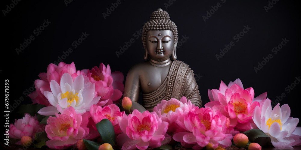 Buddha statue meditate with flowers lotus on dark background. Banner Vesak day