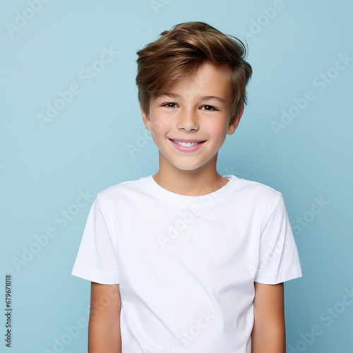 Cute smiling boy in plain white t shirt looking at camera in isolated studio light blue color background, ai technology