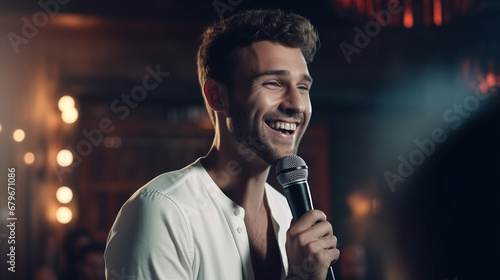 Young caucasian man talks joke into microphone or sings songs. Stand up comedian on stage photo
