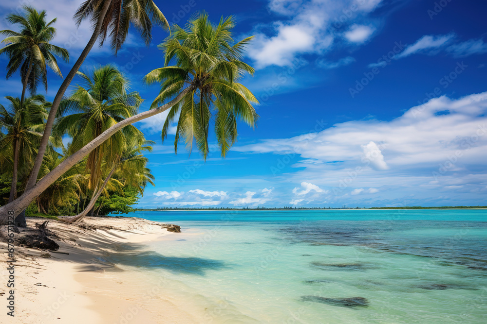 Tropical Beach with Palm Trees and Waves Crashing on the Shore