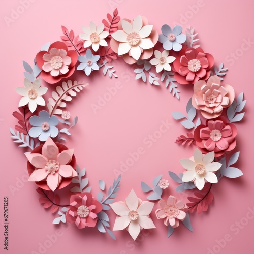  Colorful paper spring flowers frame on pink background. Origami paper cut style spring flowers background