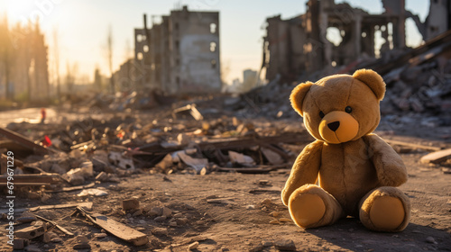 Alone dirt toy bear lies rubble of house. Concept destroy life of baby after accident war or earthquake photo