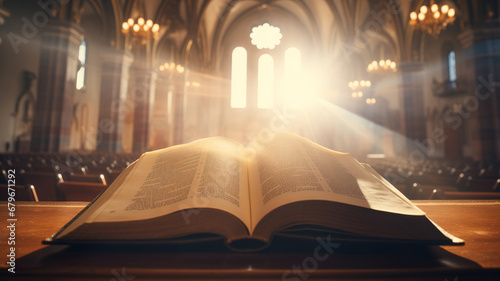 Open Holy book with ancient bible scripture on wooden desk with sunlight on background church. Concept history testament teach hebrew
