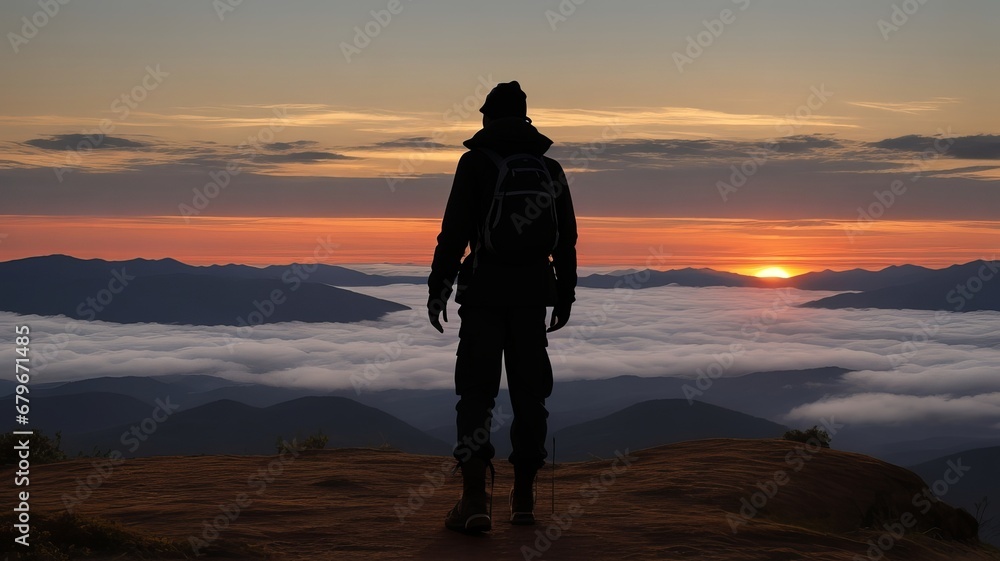 Silhouette of a Hiker Overlooking a Sea of Clouds at Sunrise