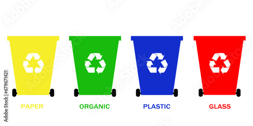 Different colored trash bins paper, organic, plastic and glass. Symbol for containers and waste separation.