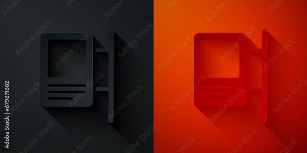 Paper cut Road traffic sign. Signpost icon isolated on black and red background. Pointer symbol. Isolated street information sign. Direction sign. Paper art style. Vector