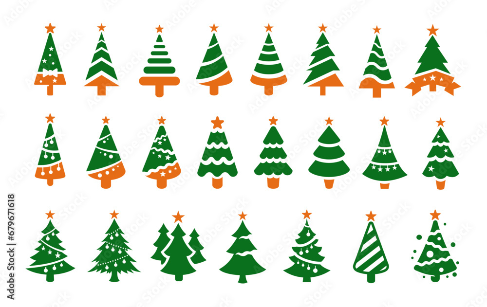 Christmas tree flat icons set. Black Christmas tree green vector silhouettes with orange stars