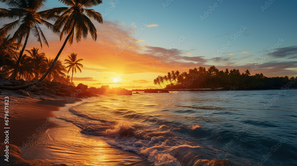 Sunset on tropical island - obrazy, fototapety, plakaty 