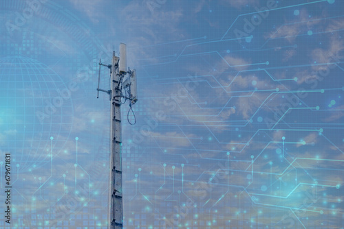 Signal tower or Mobile phone tower with dayligth sky. Telecommunication tower with 5G cellular network antenna. Global connection and internet network concept. photo