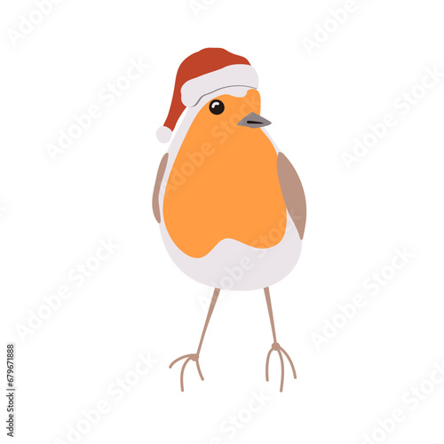 Cute robin bird in red Santa helper hat. Cartoon isolated vector illustration.