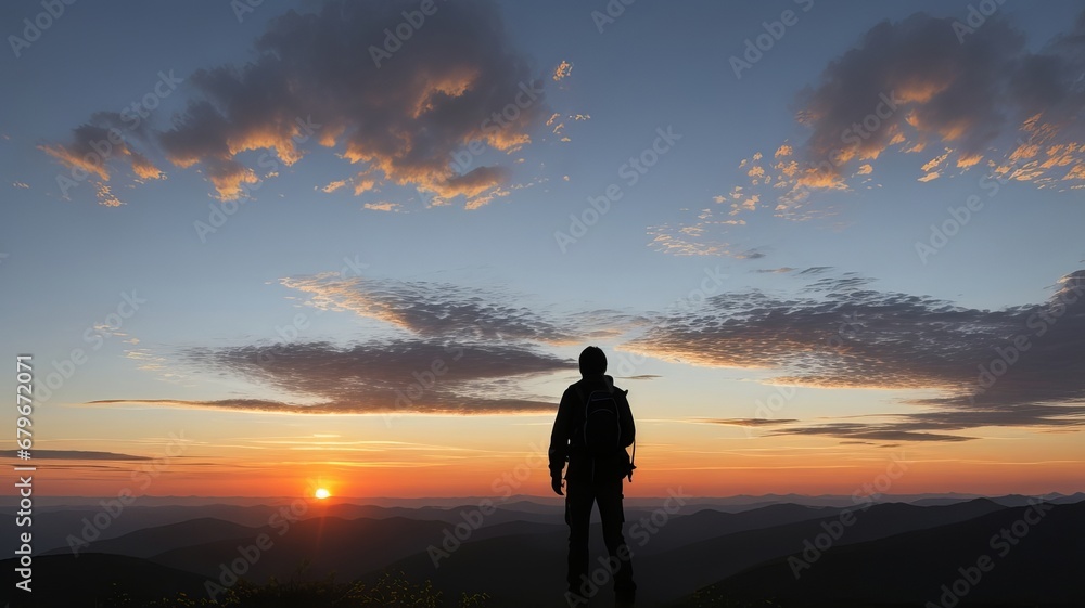 Obraz premium Silhouette of a Hiker Standing on a Mountain Peak at Sunrise