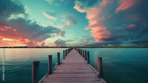 Wooden pier extending into the ocean, with a sunset on the horizon. Generative Ai