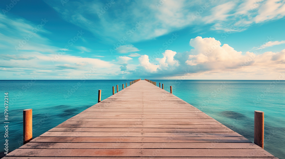 Obraz premium Wooden pier extending into the ocean, with a sunset on the horizon. Generative Ai