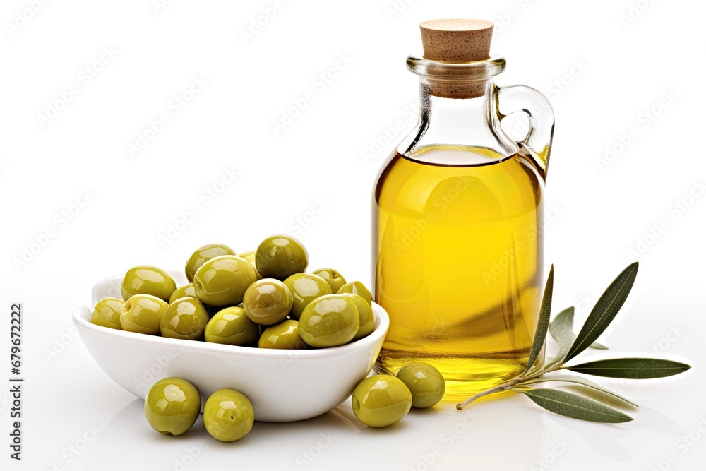 Olive oil in a bottle and olives on white background. Ai Generative Olive oil in a bottle and olives on white background. Ai Generative