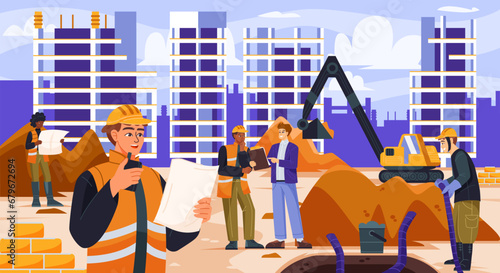 Building construction process. Male builders and surveyors engineers in uniform build houses using construction equipment and machines. Creation of urban building. Cartoon flat vector illustration
