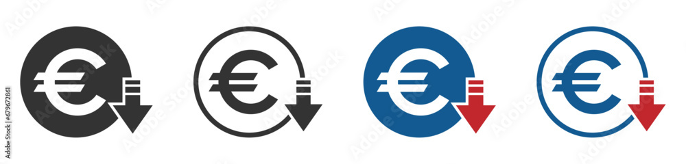 Cost reduction. Euro decrease flat vector icons set Cost reduction. Euro decrease flat vector icons set