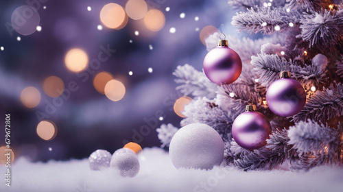 Decorated Christmas tree on purple blurred background.  christmas tree decorations