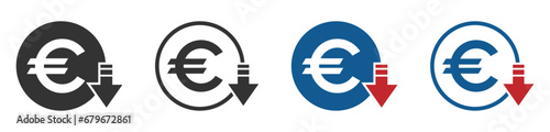 Cost reduction. Euro decrease flat vector icons set photo