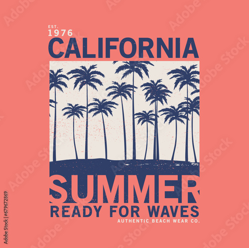 print design for tee with typo and palm silhouette as vector