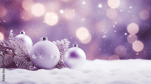 christmas decoration on the snow,Decorated Christmas tree on purple blurred background.Close up of balls on christmas tree. Bokeh garlands in the background. New Year concept.