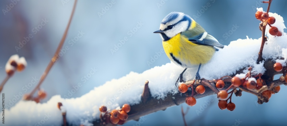 A Serene Winter Scene: Delicate Bird on Snow-Covered Branch Created With Generative AI Technology A Serene Winter Scene: Delicate Bird on Snow-Covered Branch Created With Generative AI Technology