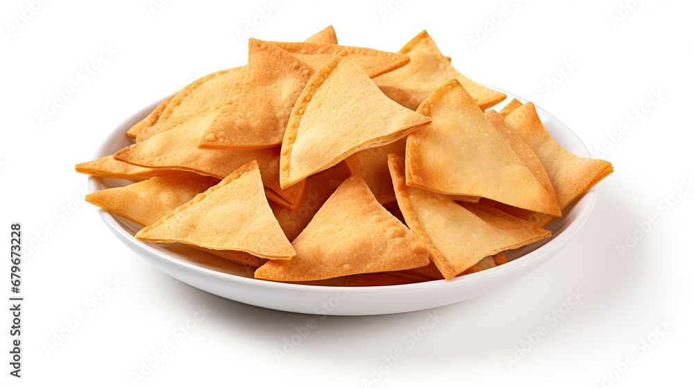 Pita bread chips on plate isolated in white background Pita bread chips on plate isolated in white background