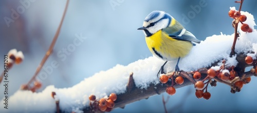 A Serene Winter Scene: Delicate Bird on Snow-Covered Branch Created With Generative AI Technology