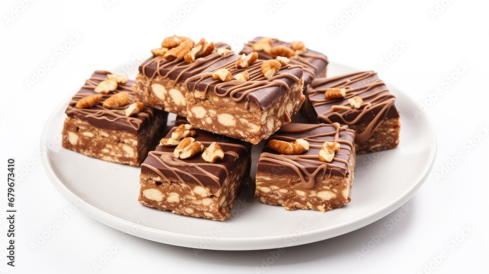 Nut butter bars on plate isolated in white background Nut butter bars on plate isolated in white background