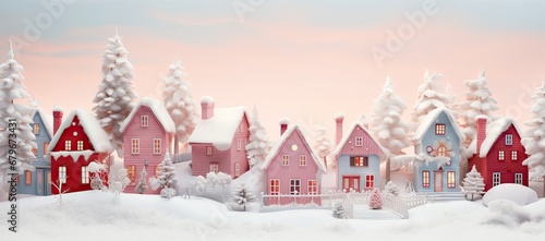 A Serene Winter Wonderland: Tranquil Snowy Landscape with Charming Houses and Majestic Trees Created With Generative AI Technology © Zamin