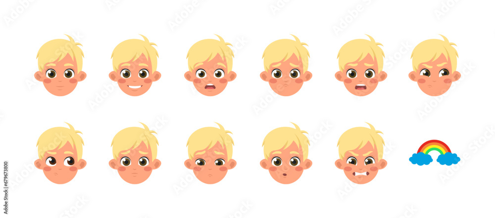 Set of Character Constructor for Animation. Face of funny, happy, scared, upset and tired little boy. Avatar of child expressing emotion. Cartoon flat vector illustrations isolated on white background Set of Character Constructor for Animation. Face of funny, happy, scared, upset and tired little boy. Avatar of child expressing emotion. Cartoon flat vector illustrations isolated on white background