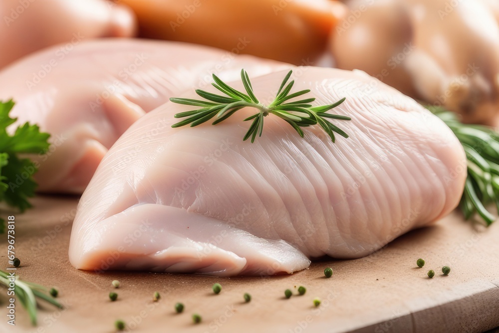 Chicken breast on a wooden board with vegetables Chicken breast on a wooden board with vegetables