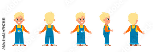 Set of Character Constructor for Animation. Funny little boy in stylish casual clothes. Child body from front, back and side view. Cartoon flat vector illustrations isolated on white background
